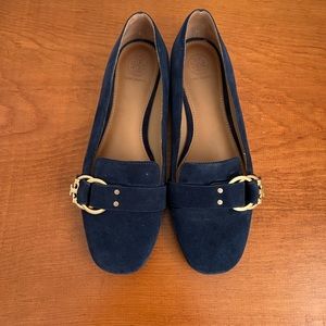 TORY BURCH Solid Blue Suede Smoking Flat Flats Gold Logo Buckle - US 8